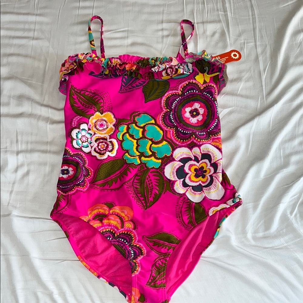 Old Navy Pink and Green One Piece Swimwear with Floral Design